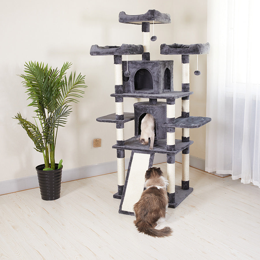 rascador tipo gimnasio para gatos con rampa niveles y refugios