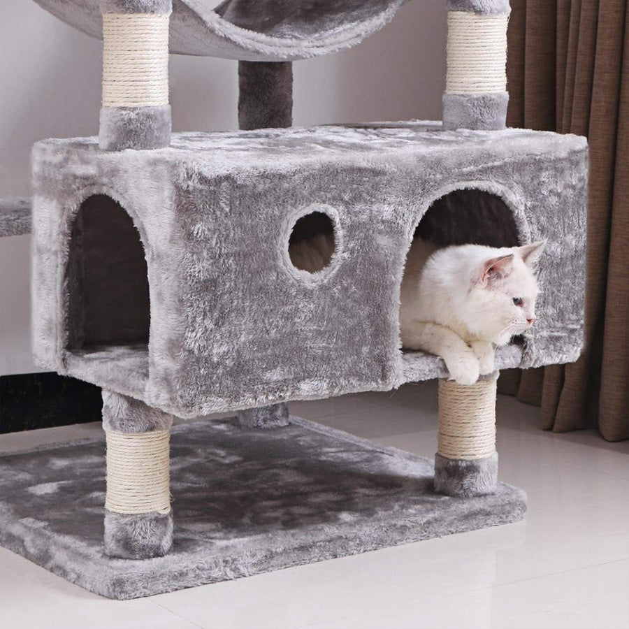 gimnasio rascador para gatos resistente con niveles y cuevas con hamaca