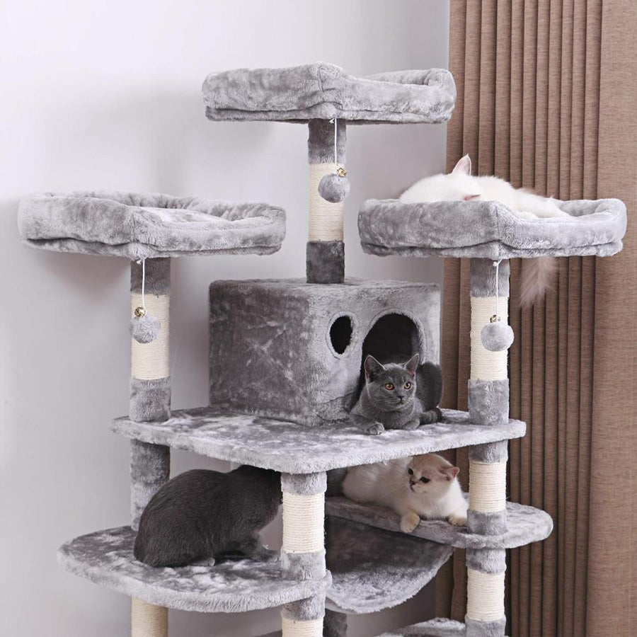 gimnasio rascador para gatos resistente con niveles y cuevas con hamaca