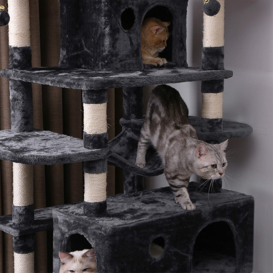 gimnasio rascador para gatos resistente con niveles y cuevas con hamaca